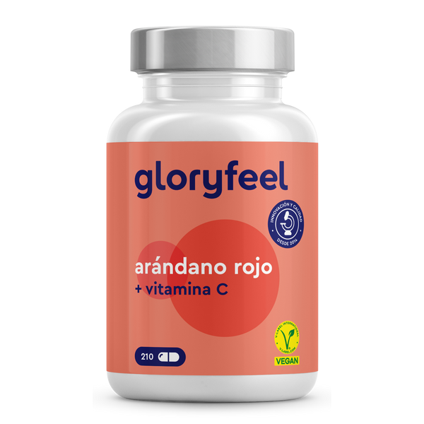 Presentamos el suplemento Arándano Rojo + Vitamina C de Gloryfeel GmbH, elaborado para favorecer la salud urinaria y reforzar el sistema inmunitario. Esta fórmula vegana, en 210 cápsulas, luce logotipos de certificación sanitaria en su llamativa etiqueta roja.