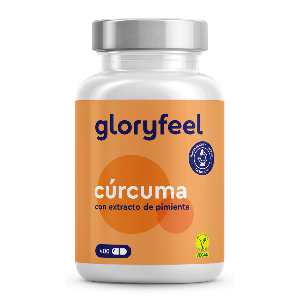 GloryFeel GmbH Cúrcuma Intensiva de España presenta un símbolo vegano y contiene 400 cápsulas de hidroxipropilmetilcelulosa elaboradas con cúrcuma en polvo y extracto de pimienta.