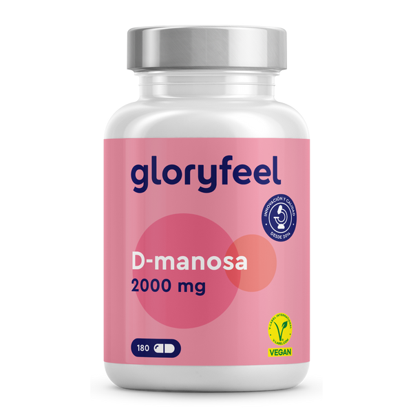 Una botella de Gloryfeel GmbH D-Manosa - 2.000 mg por día incluye 180 cápsulas veganas, con una etiqueta rosa con certificación y logotipos veganos, que respaldan vías urinarias saludables.