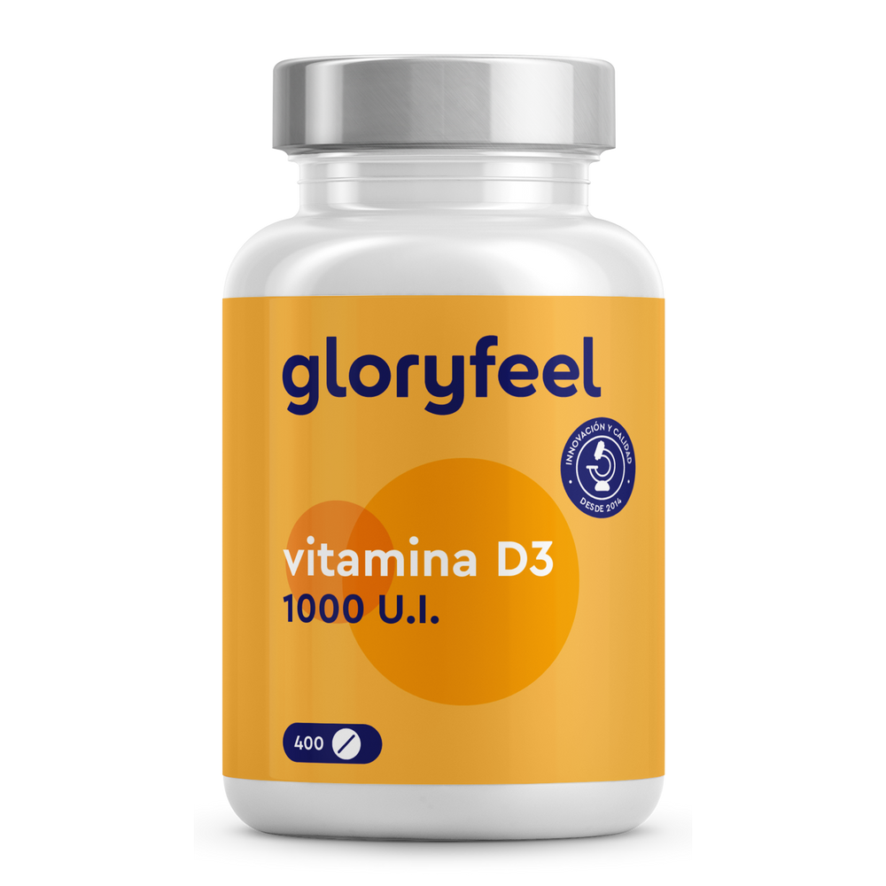 GloryFeel GmbH España Vitamina D3 1000 UI - 400 Tabletas favorece la salud de los huesos y los dientes a la vez que refuerza el sistema inmunitario, presenta una etiqueta naranja y una elegante tapa plateada.
