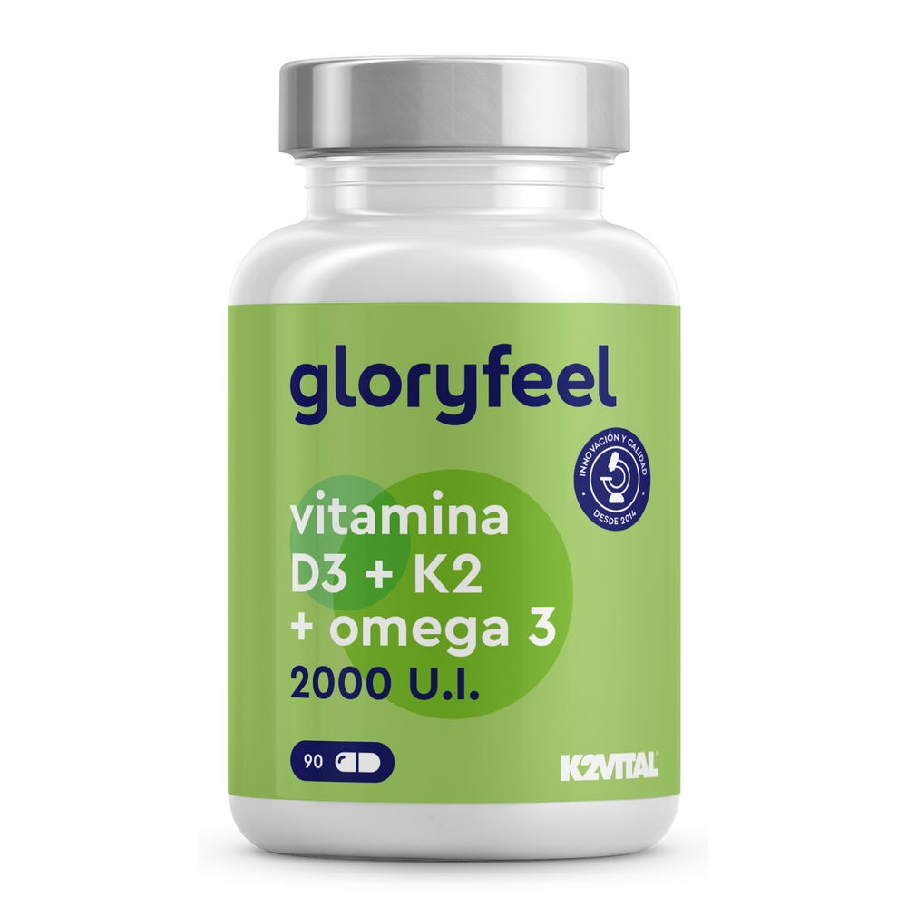 Una botella verde y blanca etiquetada &quot;Vitamina D3/K2 &amp; Omega 3 2000 UI&quot; de GloryFeel GmbH contiene 90 cápsulas, que ofrecen una combinación perfecta de nutrientes vitales para apoyar la salud.