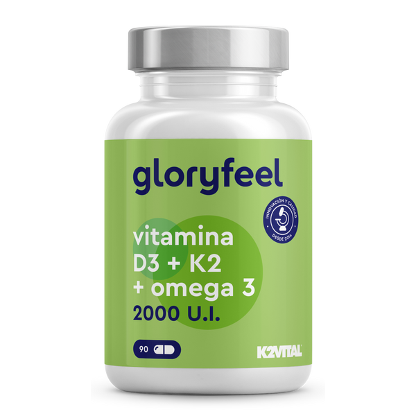 Una botella verde y blanca etiquetada &quot;Vitamina D3/K2 &amp; Omega 3 2000 UI&quot; de GloryFeel GmbH contiene 90 cápsulas, que ofrecen una combinación perfecta de nutrientes vitales para apoyar la salud.