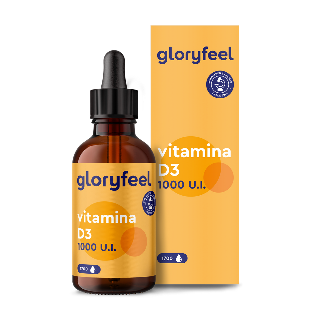 El frasco gotero de Gloryfeel GmbH de Vitamina D3 en gotas - 1000 U.I. en un diseño azul y naranja con acentos circulares apoya el sistema inmunológico y promueve la salud ósea para un bienestar óptimo.