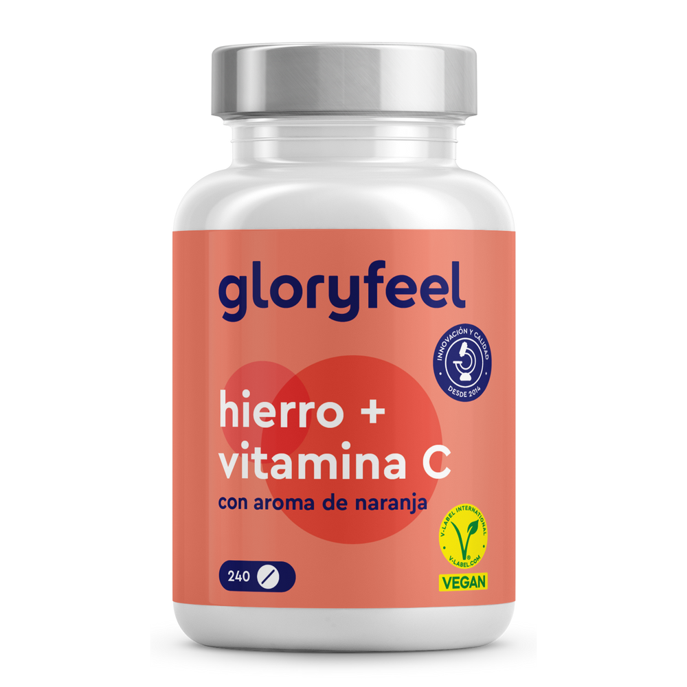 Un frasco de &quot;Hierro + Vitamina C natural&quot; de GloryFeel GmbH España, un suplemento dietético con complementos alimenticios y aroma a naranja, contiene 240 comprimidos veganos.