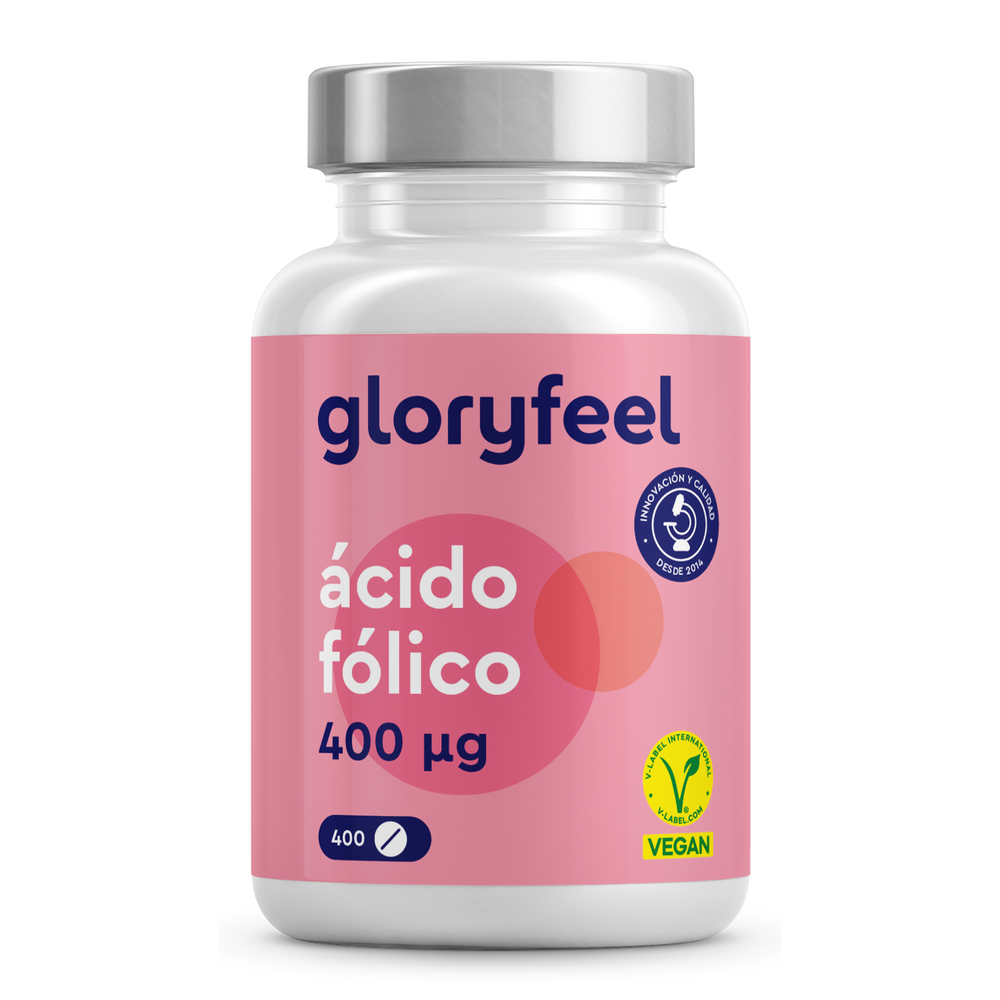 El Ácido Fólico (Vitamina B9) de Gloryfeel GmbH ofrece comprimidos fáciles de tragar. Presenta una etiqueta rosa con tapa blanca, además de símbolos veganos y sin gluten.