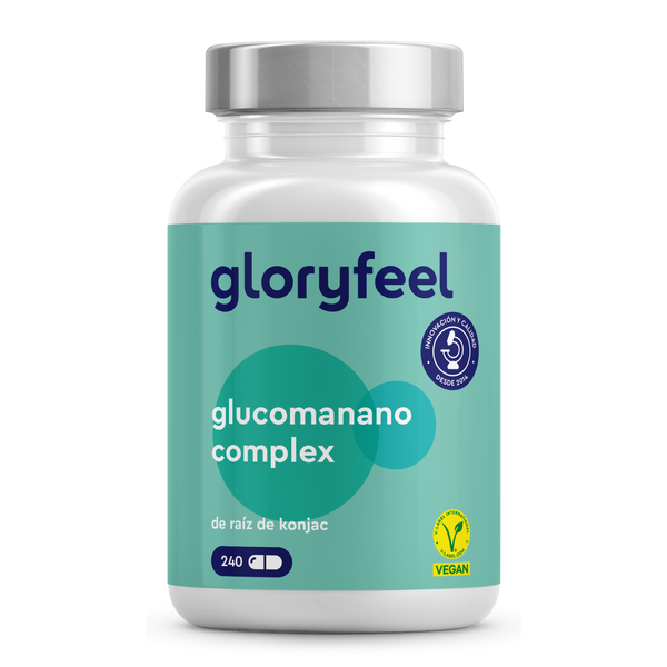 Glucomanano - Raíz de Konjac de Gloryfeel GmbH, con etiqueta verde, presenta &quot;240&quot; y un ícono de certificación vegana, enriquecido para obtener beneficios mejorados.
