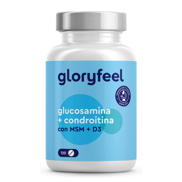 Una botella blanca de &quot;Glucosamina + Condroitina + MSM + Calcio y D3&quot; de GloryFeel GmbH España tiene una etiqueta azul e indica &quot;120 comprimidos&quot;, destacando su contenido de metilsulfonilmetano para la salud de las articulaciones.