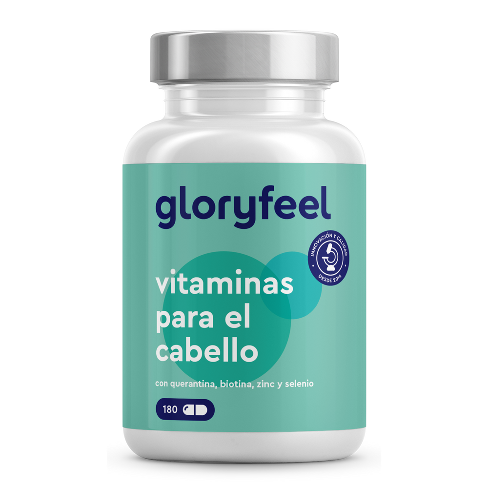 Vitaminas para el cabello&quot; de GloryFeel GmbH España incluye 180 cápsulas enriquecidas con biotina, queratina, zinc, selenio y extracto de mijo para un cabello más sano. La etiqueta turquesa presenta texto blanco y azul que detalla sus beneficios.