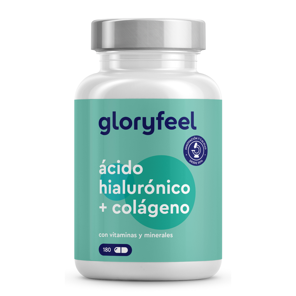 Una botella de &quot;Ácido hialurónico + Colágeno 180 Cápsulas&quot; de GloryFeel GmbH España, que contiene vitaminas y minerales esenciales, contiene 180 cápsulas y tiene una etiqueta azul y blanca.