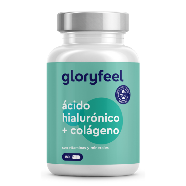 Una botella de &quot;Ácido hialurónico + Colágeno 180 Cápsulas&quot; de GloryFeel GmbH España, que contiene vitaminas y minerales esenciales, contiene 180 cápsulas y tiene una etiqueta azul y blanca.
