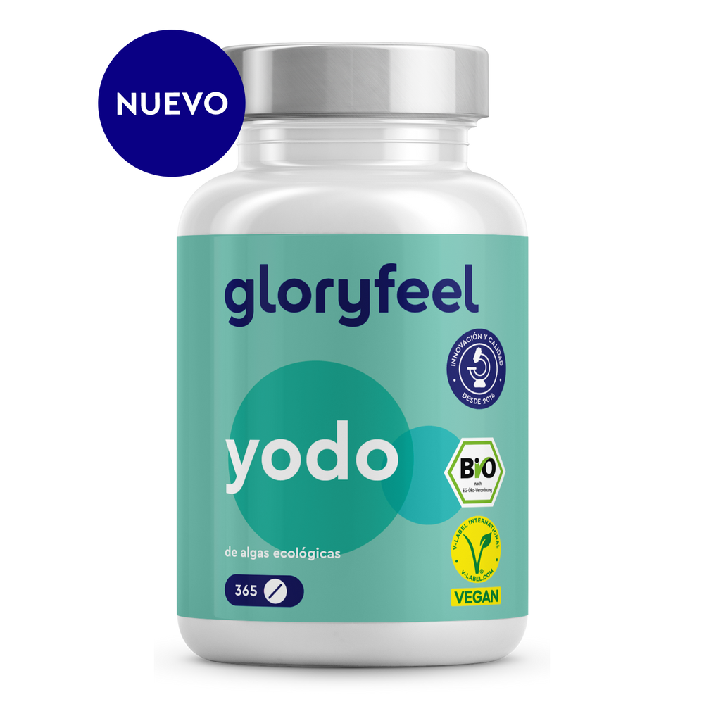 Botella blanca de suplemento &quot;BIO Yodo 225 µg&quot; de gloryfeel GmbH España, con etiqueta verde azulado, marcada como nueva. Contiene 365 comprimidos, con certificación ECO y vegana, elaborados con algas orgánicas.