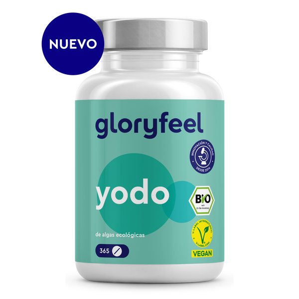 Botella blanca de suplemento &quot;BIO Yodo 225 µg&quot; de gloryfeel GmbH España, con etiqueta verde azulado, marcada como nueva. Contiene 365 comprimidos, con certificación ECO y vegana, elaborados con algas orgánicas.
