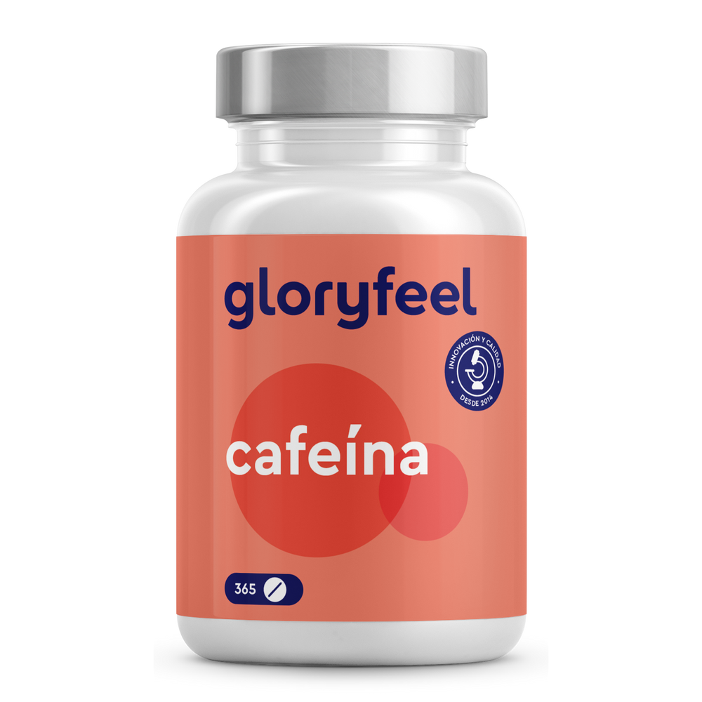 La botella &quot;Cafeína - 365 Tabletas&quot; de gloryfeel GmbH tiene un diseño rojo con patrones circulares y contiene 365 tabletas de cafeína, cada una de las cuales proporciona 200 mg de energía diaria.