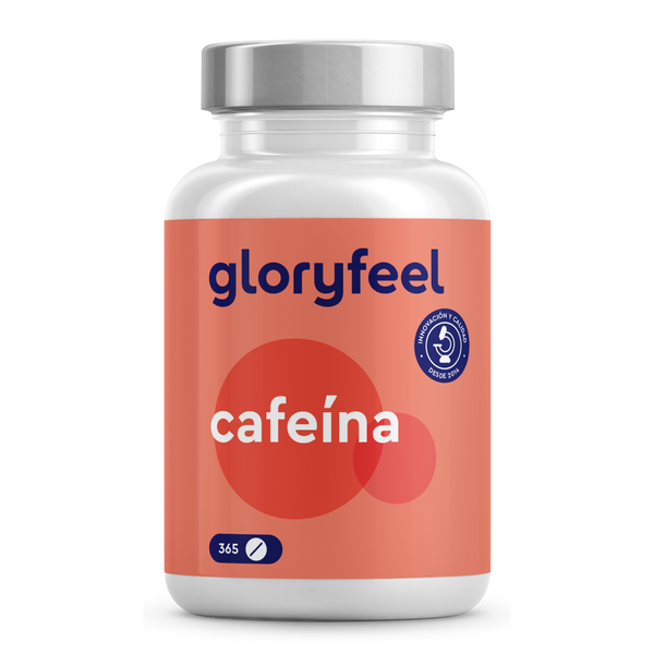 La botella &quot;Cafeína - 365 Tabletas&quot; de gloryfeel GmbH tiene un diseño rojo con patrones circulares y contiene 365 tabletas de cafeína, cada una de las cuales proporciona 200 mg de energía diaria.