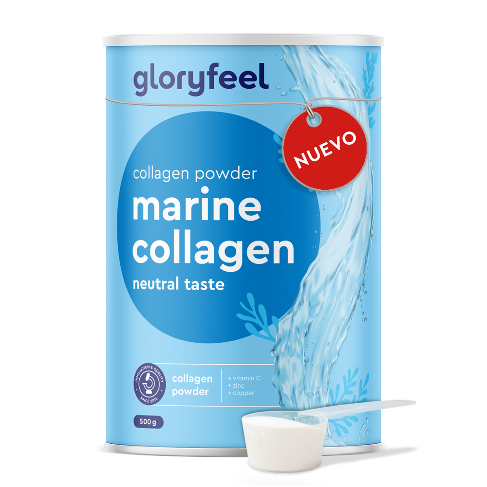 Un envase de 500 g de Colágeno Marino Hidrolizado en polvo de gloryfeel GmbH España, con la etiqueta &quot;Nuevo&quot;, ofrece un sabor neutro. Incluye un cacito blanco y contiene colágeno, vitamina C, zinc y cobre.