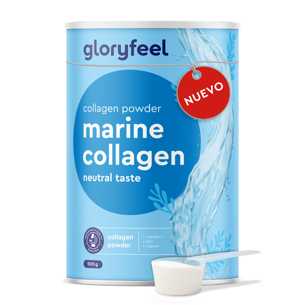 Un envase de 500 g de Colágeno Marino Hidrolizado en polvo de gloryfeel GmbH España, con la etiqueta &quot;Nuevo&quot;, ofrece un sabor neutro. Incluye un cacito blanco y contiene colágeno, vitamina C, zinc y cobre.
