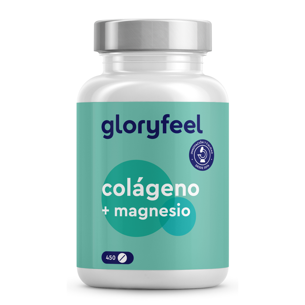 Un frasco del complemento alimenticio “Colágeno con magnesio” de GloryFeel GmbH España, con un diseño verde azulado claro y tapón plateado, contiene 450 comprimidos.