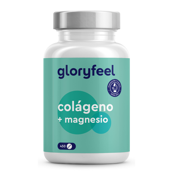 Un frasco del complemento alimenticio “Colágeno con magnesio” de GloryFeel GmbH España, con un diseño verde azulado claro y tapón plateado, contiene 450 comprimidos.
