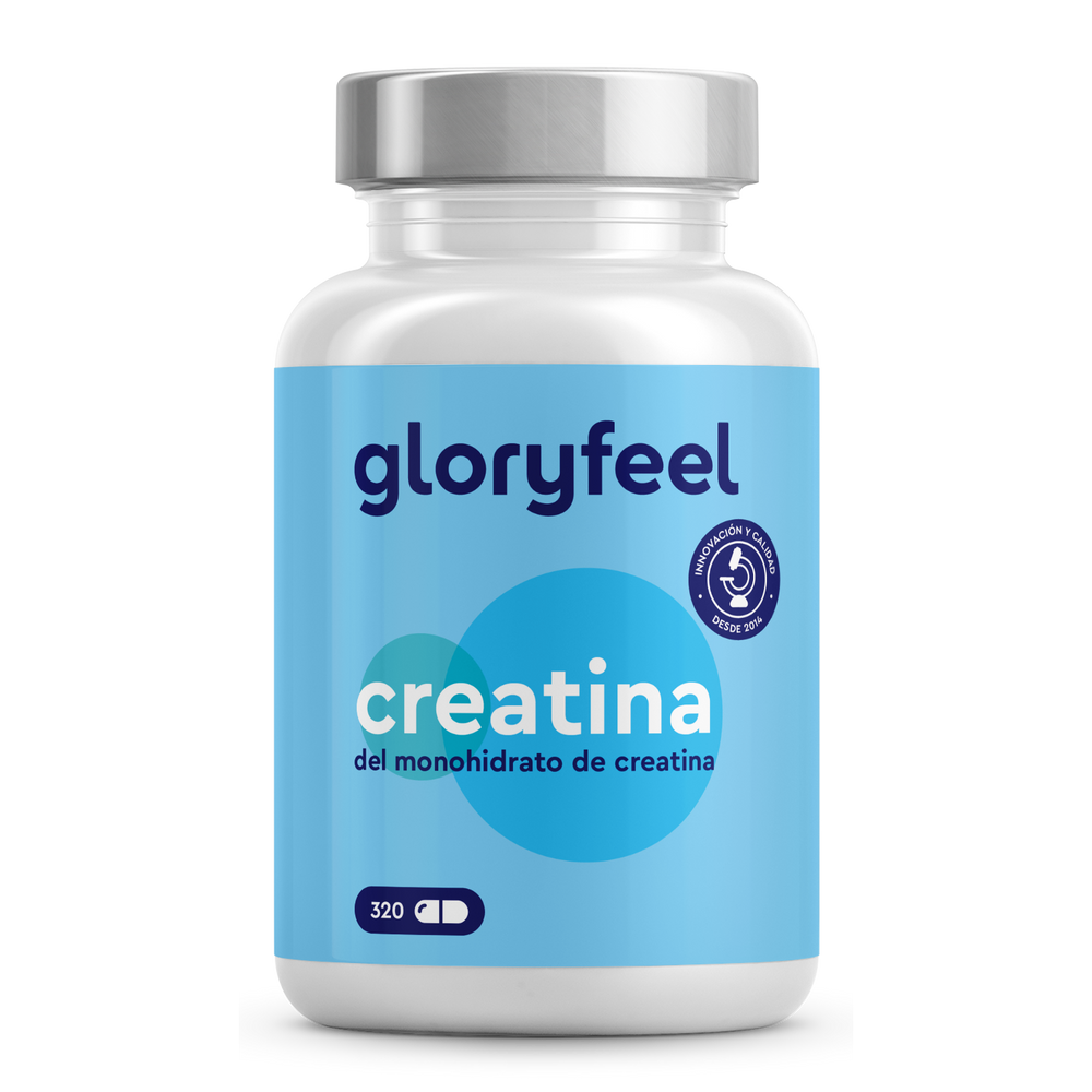 Una botella azul y blanca etiquetada como &quot;Creatina - del monohidrato de creatina&quot; de gloryfeel GmbH contiene 320 gramos de monohidrato de creatina. Este suplemento deportivo es perfecto para aumentar el rendimiento físico y el rendimiento.