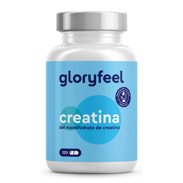 Una botella azul y blanca etiquetada como &quot;Creatina - del monohidrato de creatina&quot; de gloryfeel GmbH contiene 320 gramos de monohidrato de creatina. Este suplemento deportivo es perfecto para aumentar el rendimiento físico y el rendimiento.