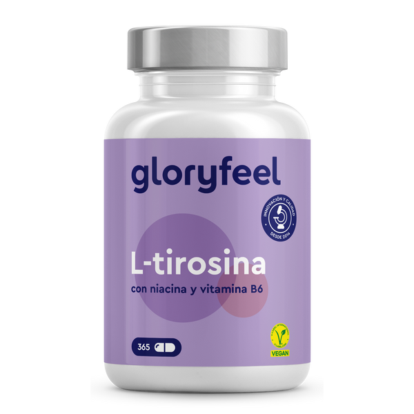 Gloryfeel GmbH L-tirosina, con niacina, vitaminas B12 y B6; 365 cápsulas veganas por botella.