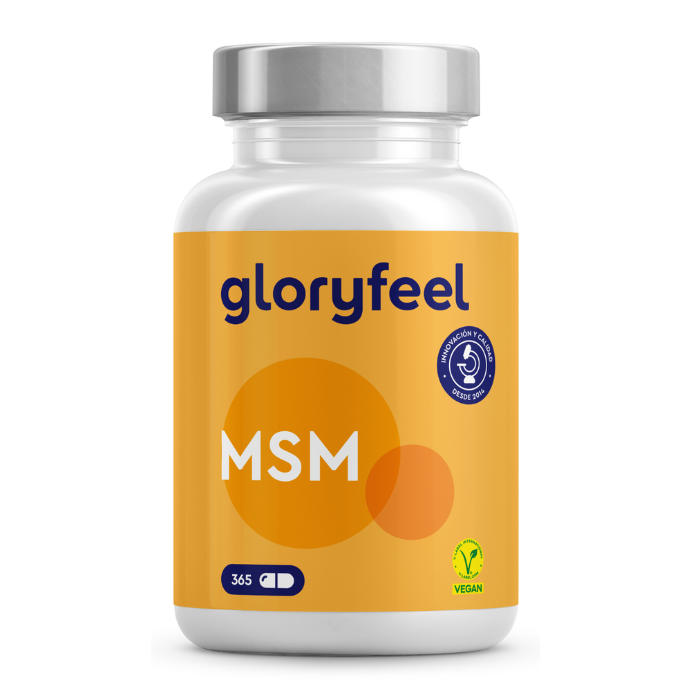 Un frasco de cápsulas de azufre orgánico de MSM de GloryFeel GmbH España contiene 365 comprimidos enriquecidos con colágeno. Cuenta con certificación vegana y un sello de garantía de calidad.