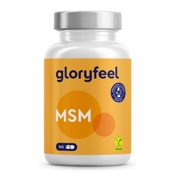 Un frasco de cápsulas de azufre orgánico de MSM de GloryFeel GmbH España contiene 365 comprimidos enriquecidos con colágeno. Cuenta con certificación vegana y un sello de garantía de calidad.