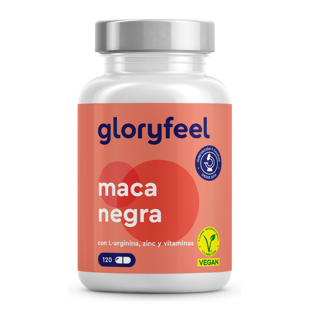 Un frasco etiquetado como &quot;Maca Negra + L-Arginina&quot; de GloryFeel GmbH España contiene 120 cápsulas con L-arginina, zinc y vitaminas esenciales. La etiqueta muestra los símbolos de &quot;vegano&quot; y &quot;5 estrellas&quot; de garantía de calidad.