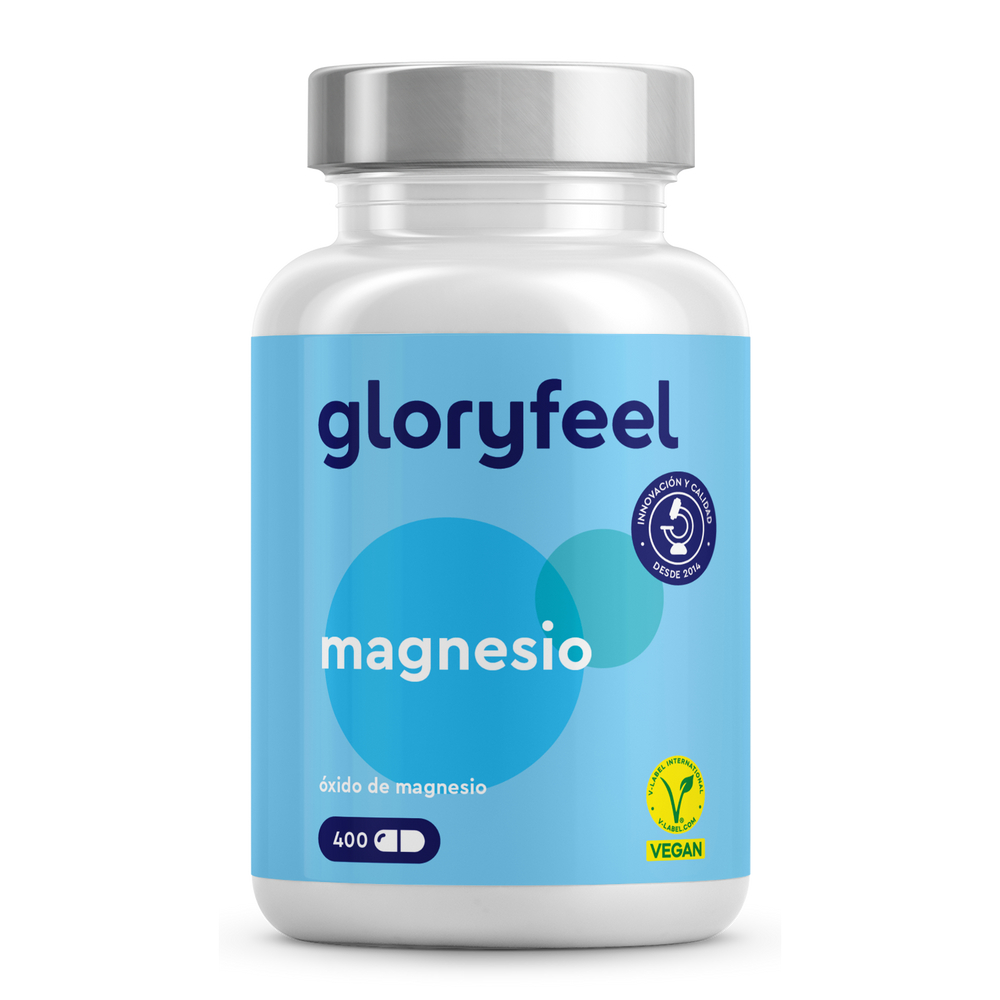 Una botella de Magnesio en cápsulas de Gloryfeel GmbH, etiquetada como &quot;óxido de magnesio&quot;, presenta íconos de certificación vegana y de calidad, que promueven huesos saludables.