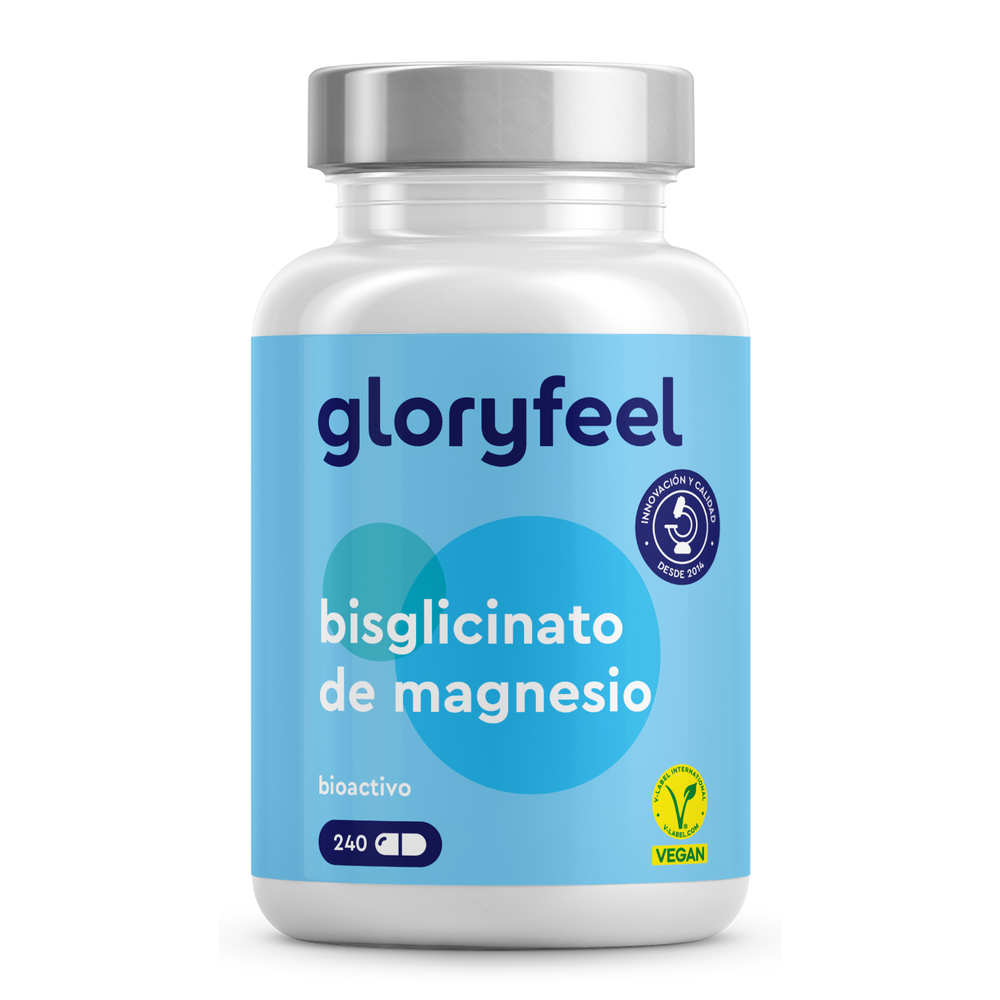Un frasco de Bisglicinato de magnesio de GloryFeel GmbH España presenta una etiqueta azul con iconos veganos y bioactivos, ofreciendo alta biodisponibilidad para un apoyo óptimo del funcionamiento normal del sistema nervioso. Contiene 240 cápsulas.