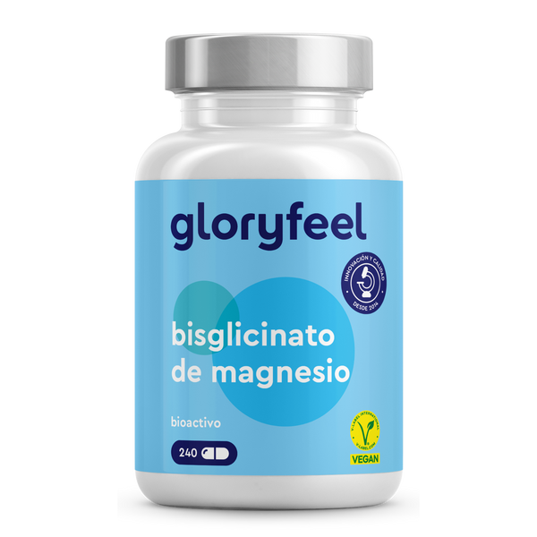 Un frasco de Bisglicinato de magnesio de GloryFeel GmbH España presenta una etiqueta azul con iconos veganos y bioactivos, ofreciendo alta biodisponibilidad para un apoyo óptimo del funcionamiento normal del sistema nervioso. Contiene 240 cápsulas.