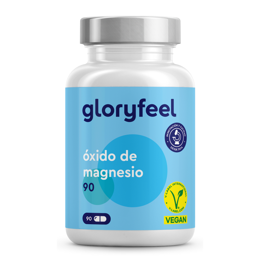 Una botella del suplemento &quot;Magnesio 90 Cápsulas Veganas&quot; de Gloryfeel GmbH presenta una etiqueta vegana con un diseño azul y blanco.