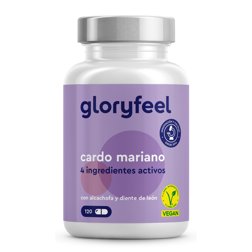 Una botella de Cardo mariano en cápsulas de GloryFeel GmbH España, con silimarina y alcachofa, enriquecida con diente de león para funciones hepáticas óptimas, contiene 120 cápsulas veganas.