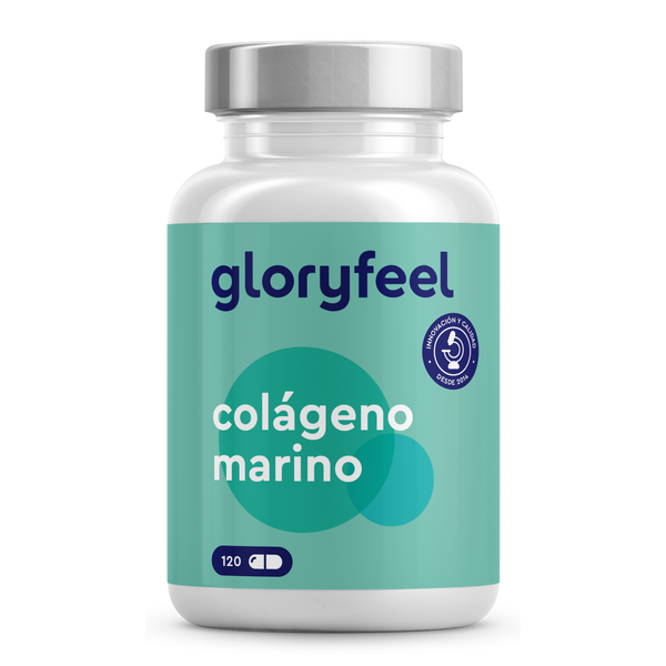 Un frasco de Colágeno Marino Hidrolizado de GloryFeel, enriquecido con péptidos de colágeno, contiene 120 cápsulas. Tiene una tapa plateada y una etiqueta verde azulado, que proporciona los beneficios del colágeno marino hidrolizado para una salud radiante.