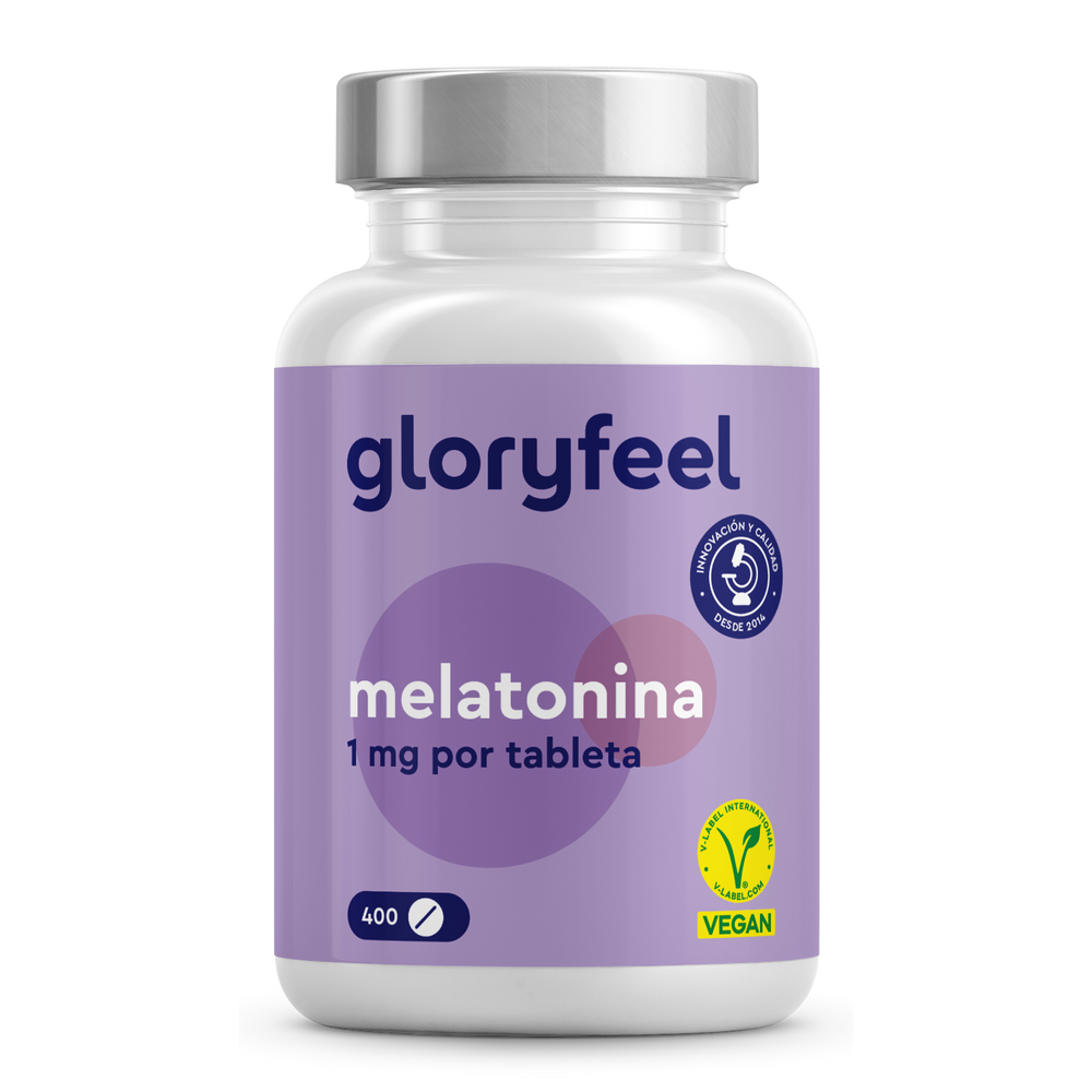 El frasco morado con la etiqueta &quot;Melatonina 400 Tabletas&quot; de GloryFeel GmbH España contiene comprimidos veganos de 1 mg, ideales para aliviar el insomnio. Con el sello de calidad &quot;