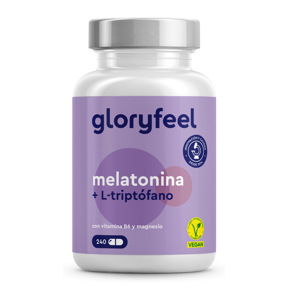 Una botella vegana de suplementos GloryFeel Melatonina + Triptofano, enriquecido con vitamina B6 y magnesio, contiene 240 cápsulas.