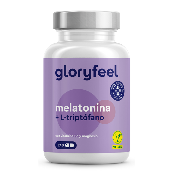 Una botella vegana de suplementos GloryFeel Melatonina + Triptofano, enriquecido con vitamina B6 y magnesio, contiene 240 cápsulas.