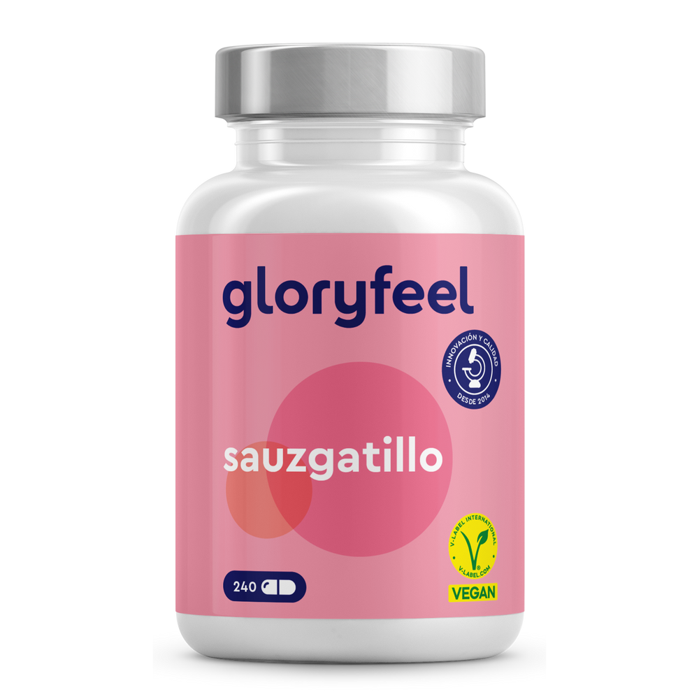 Sauzgatillo en cápsulas de GloryFeel GmbH, de España, ofrece un frasco de 240 cápsulas para favorecer el equilibrio hormonal femenino. Su etiqueta rosa, con el logotipo de certificación vegana, demuestra su dedicación a la calidad y a ingredientes naturales como el Vitex agnus-castus.