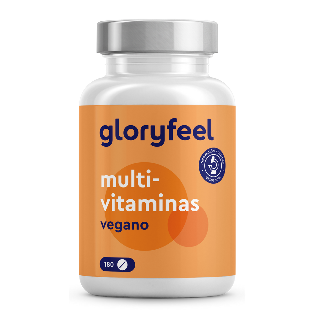 Un frasco de Multivitaminas veganas en tabletas de GloryFeel GmbH España tiene una etiqueta naranja y contiene 180 comprimidos, repletos de vitaminas esenciales y antioxidantes.