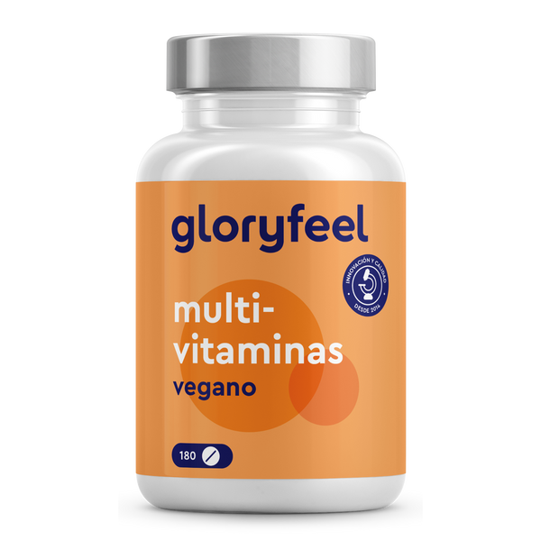 Un frasco de Multivitaminas veganas en tabletas de GloryFeel GmbH España tiene una etiqueta naranja y contiene 180 comprimidos, repletos de vitaminas esenciales y antioxidantes.