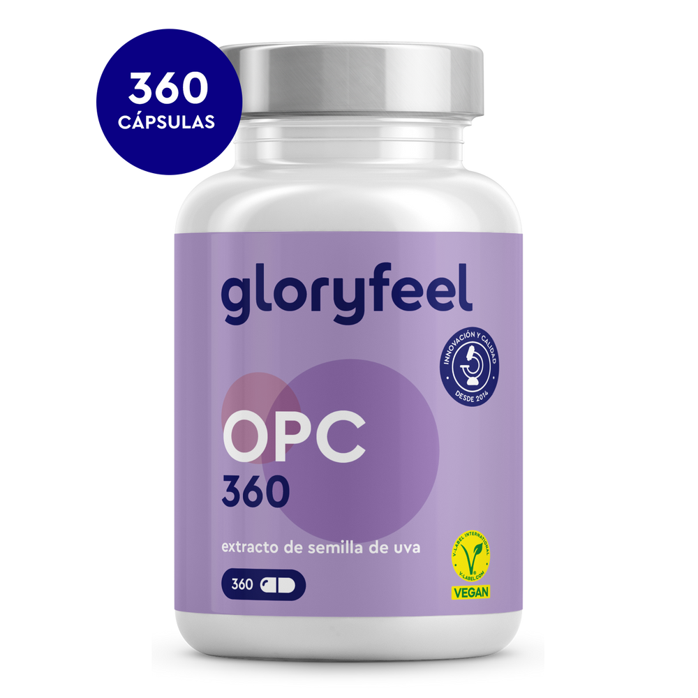 Frasco de 360 cápsulas de extracto de semilla de uva OPC de Gloryfeel GmbH, con potentes antioxidantes. Etiqueta vegana en la esquina inferior derecha.
