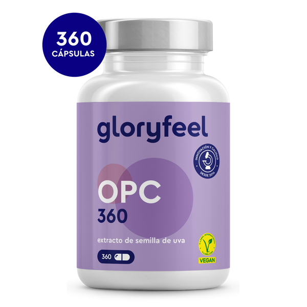 Frasco de 360 cápsulas de extracto de semilla de uva OPC de Gloryfeel GmbH, con potentes antioxidantes. Etiqueta vegana en la esquina inferior derecha.