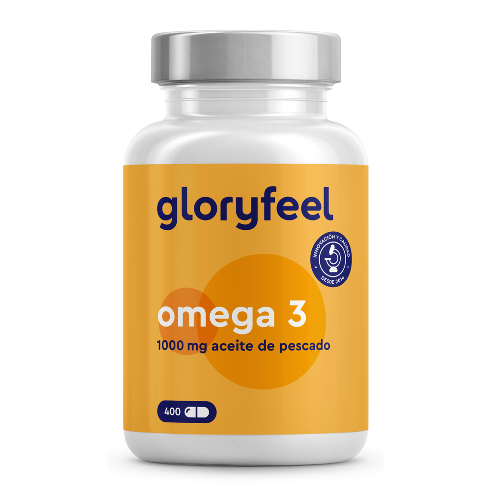 Un frasco de Omega 3 en cápsulas de GloryFeel GmbH España contiene 1000 mg de aceite de pescado por cápsula, lo que da un total de 400 cápsulas, y presenta un diseño naranja vivo con un elegante tapón plateado.