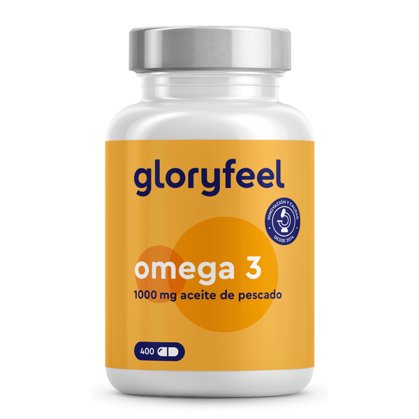 Un frasco de Omega 3 en cápsulas de GloryFeel GmbH España contiene 1000 mg de aceite de pescado por cápsula, lo que da un total de 400 cápsulas, y presenta un diseño naranja vivo con un elegante tapón plateado.