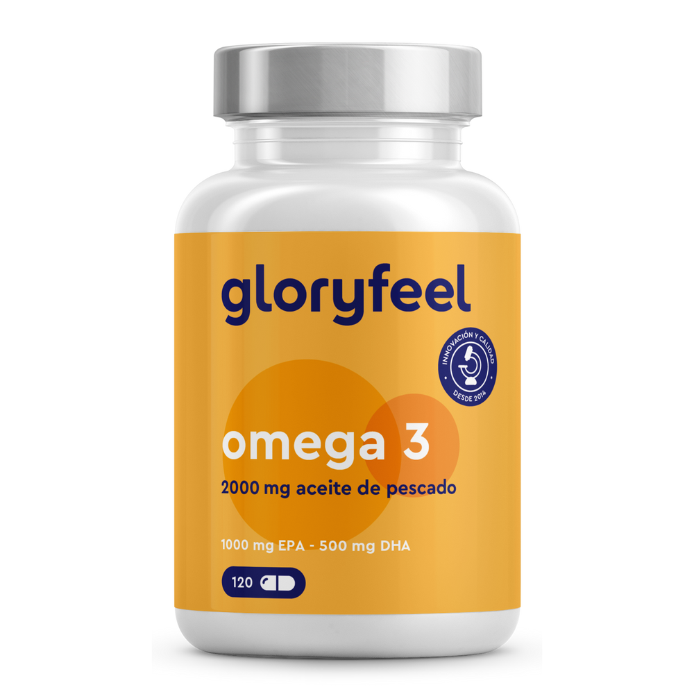 Las cápsulas Omega 3 de Gloryfeel GmbH ofrecen 2000 mg de aceite de pescado por ración, con 1000 mg de EPA y 500 mg de DHA, en un frasco de 120 cápsulas. Presentan una etiqueta de color amarillo anaranjado vibrante.