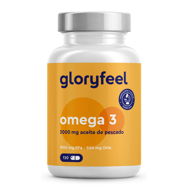 Las cápsulas Omega 3 de Gloryfeel GmbH ofrecen 2000 mg de aceite de pescado por ración, con 1000 mg de EPA y 500 mg de DHA, en un frasco de 120 cápsulas. Presentan una etiqueta de color amarillo anaranjado vibrante.