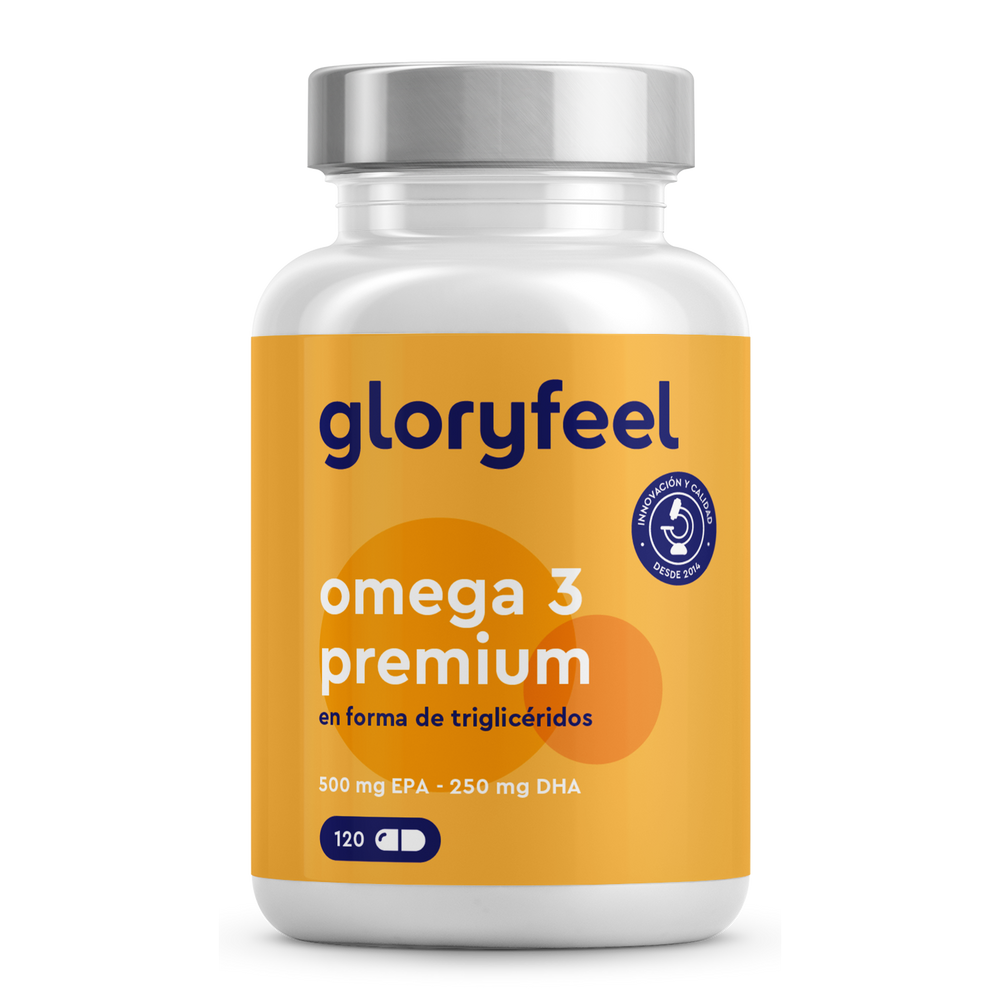 Un frasco de &quot;Omega 3 en forma de triglicéridos&quot; de GloryFeel GmbH España contiene 120 cápsulas con 500 mg de EPA y 250 mg de DHA Omega-3, en envase amarillo y blanco.