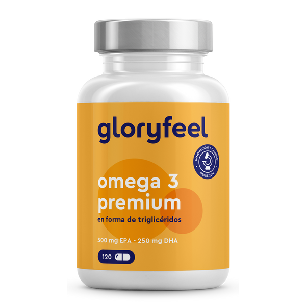 Un frasco de &quot;Omega 3 en forma de triglicéridos&quot; de GloryFeel GmbH España contiene 120 cápsulas con 500 mg de EPA y 250 mg de DHA Omega-3, en envase amarillo y blanco.