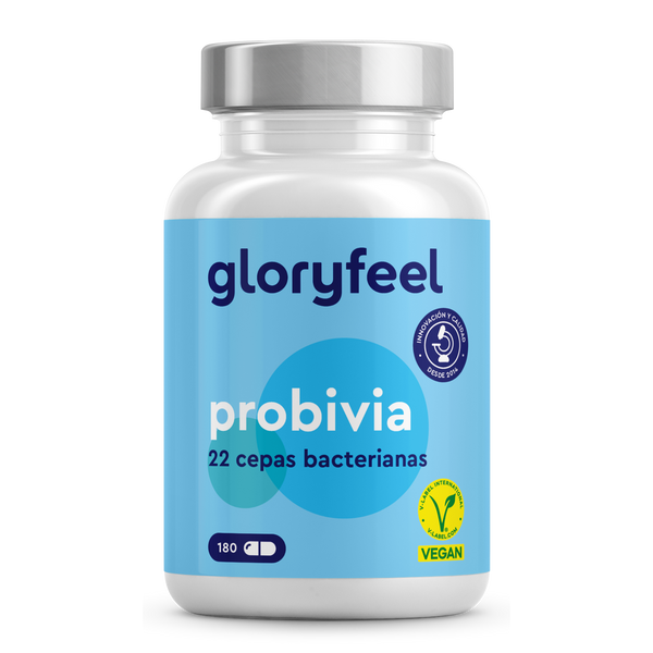 Probivia en cápsulas de Gloryfeel GmbH ofrece 22 cepas bacterianas para favorecer la salud intestinal, con 180 cápsulas veganas. Luce logotipos de certificación de calidad sobre fondo azul y blanco que resaltan los beneficios de los probióticos.
