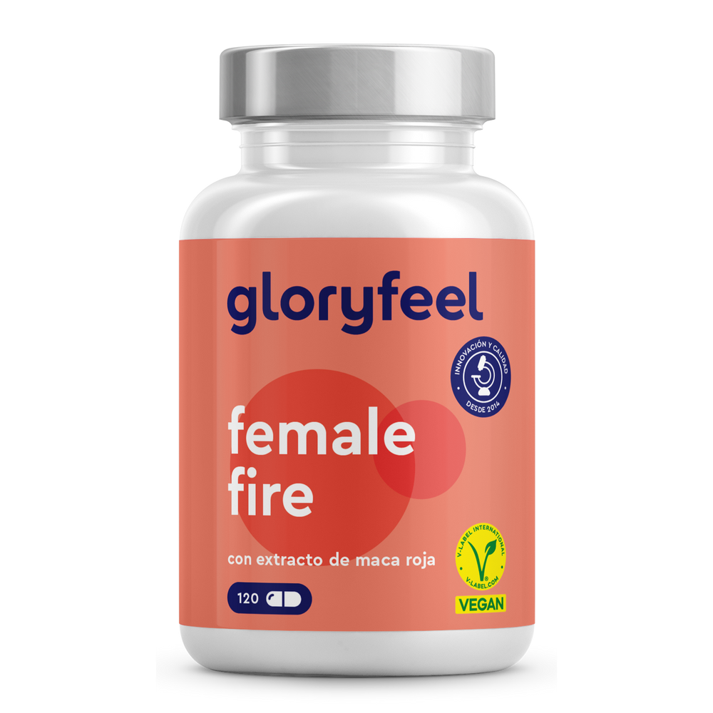 La botella del suplemento Female Fire: con Maca Roja de GloryFeel GmbH España, con etiqueta roja con texto en español, contiene 120 cápsulas con certificación vegana.